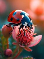 ai généré coccinelle sur fleur dans le jardin photo