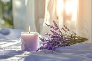 ai généré aromathérapie concept. violet parfumé bougie avec lavande fleurs. génératif ai photo