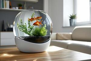 ai généré aquarium avec poisson rouge sur le table dans le ensoleillé chambre. génératif ai photo