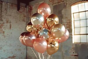 ai généré bouquet de rose et or chrome ballon. génératif ai photo