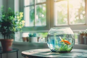 ai généré aquarium avec poisson rouge sur le table dans le ensoleillé chambre. génératif ai photo