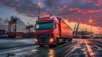 ai généré un camion bande annonce sur le jetée dans le cargaison Port Terminal avec grues et conteneurs. ai généré photo