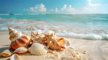 ai généré Azur côte de le océan avec paume des arbres, sable, le surf et coquilles. ai généré photo