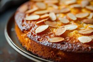 ai généré humide amande gâteau surmonté avec tranché amandes. génératif ai photo