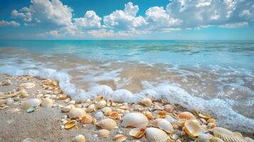 ai généré Azur côte de le océan avec paume des arbres, sable, le surf et coquilles. ai généré photo