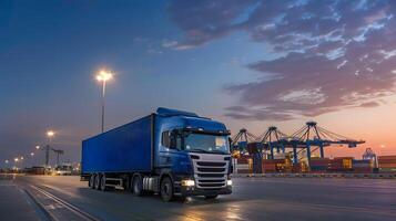 ai généré un camion bande annonce sur le jetée dans le cargaison Port Terminal avec grues et conteneurs. ai généré photo