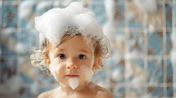 ai généré une mignonne peu enfant avec peu mousse sur le sien diriger. ai généré photo