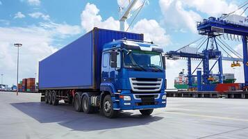 ai généré un camion bande annonce sur le jetée dans le cargaison Port Terminal avec grues et conteneurs. ai généré photo