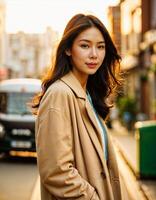 ai généré photo de magnifique asiatique femme avec le coucher du soleil lumière près un camion et rue chaussée, génératif ai