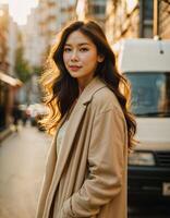 ai généré photo de magnifique asiatique femme avec le coucher du soleil lumière près un camion et rue chaussée, génératif ai