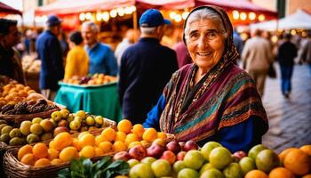 ai généré photo de Sénior vendeur dans antique marché à L'Europe , génératif ai