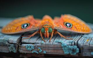 ai généré un séduisant papillon de nuit dans rouille rouge, avec ses ailes embelli avec important œil motifs photo