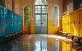 ai généré vivement allumé école couloir avec bleu et Jaune Casiers photo