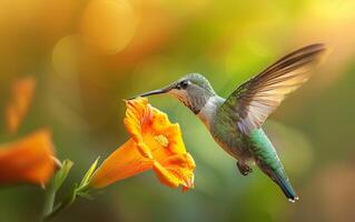 ai généré colibri sirotant nectar de Orange fleur photo