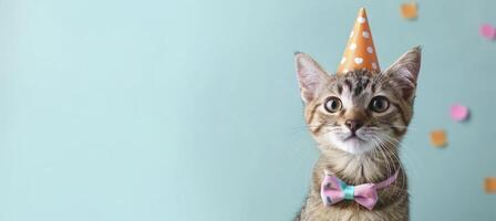 ai généré fête, content anniversaire, Sylvestre Nouveau années veille faire la fête, marrant animal salutation carte - mignonne peu chat animal de compagnie avec fête chapeau et arc attacher sur bleu mur Contexte texture photo