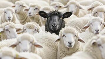 ai généré permanent dehors. une troupeau de blanc mouton avec un audacieux noir mouton dans le centre, symbolisant individualité et unicité. photo