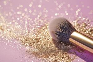 ai généré proche en haut de maquillage brosse avec d'or briller poudre en volant autour sur pastel rose Contexte photo