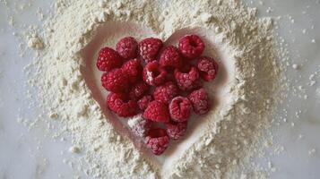 ai généré cœur en forme de moule en utilisant rouge framboises entouré par farine photo