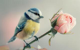 ai généré bleu mésange regarder à un déploiement Rose photo