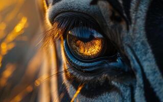 ai généré zèbre œil reflétant le coucher du soleil d'or lumière photo