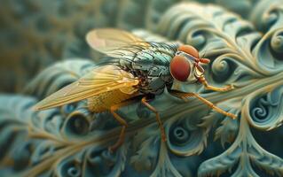 ai généré une détaillé macro photographier de une mouche domestique méticuleusement lissage ses aile sur vibrant vert feuillage photo