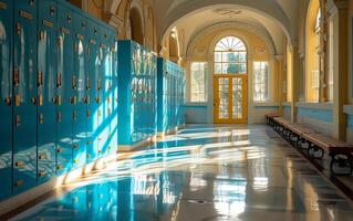 ai généré illuminé école salle avec frappant bleu et Jaune Casiers photo