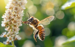 ai généré une abeille flotteurs dans en plein air proche à une groupe de fragile blanc fleurit photo