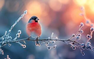 ai généré une bouvreuil dans le tranchant froid, perché sur une congelé branche photo