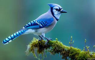 ai généré bleu geai positionné sur vert mousse photo