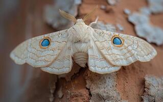 ai généré une pâle papillon de nuit expositions audacieux œil dessins sur ses ailes photo