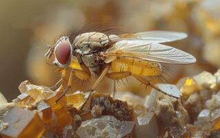 ai généré mouche domestique repos sur fossilisé ambre photo