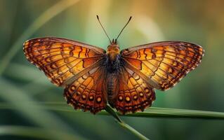 ai généré enchanteur foncé ombre papillon avec séduisant œil motifs sur ses ailes, délicatement prêt sur une lame de vert herbe photo