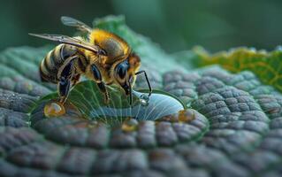 ai généré macro coup de une abeille sur une feuille photo