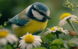 ai généré perché bleu mésange entouré par blanc marguerites photo