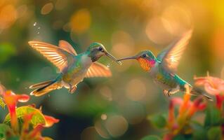 ai généré deux colibris collecte nectar côté par côté de vif fleurit photo