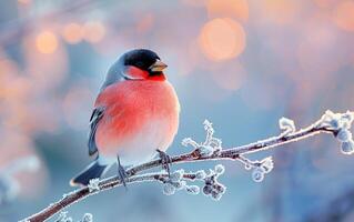 ai généré une bouvreuil braver le froid air, repos sur une gel couvert branche photo