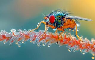 ai généré une macroscopique vue de une mouche domestique délicatement perché sur une rosée chargé herbe brin photo