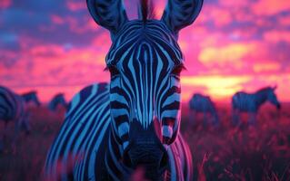 ai généré africain savane rose le coucher du soleil ensembles de frappant zèbre Caractéristiques photo