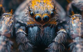 ai généré intense regard dans se concentrer, une remarquable macro coup de une araignée photo