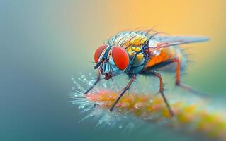 ai généré coup de une mouche domestique précisément prêt sur une couvert de rosée lame de herbe photo