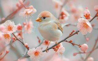 ai généré une délicat bouvreuil perchoirs sur une branche honoré avec rose fleurs de printemps photo