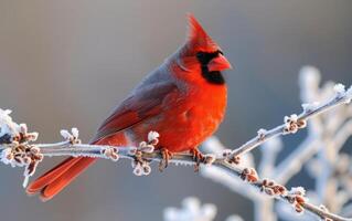 ai généré une radiant cardinal perchoirs sur une branche couvert dans gel photo