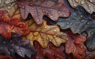 ai généré macro la photographie de chêne feuilles et des gouttes de rosée photo