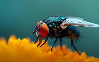 ai généré détaillé la perspective de une mouche domestique sur une Jaune floral Contexte photo