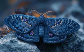 ai généré splendide bleu papillon de nuit orné avec œil dessins photo