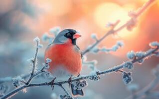 ai généré une bouvreuil parmi le mordant froid, assise sur un glacé membre photo