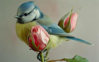 ai généré bleu mésange émerveillé à une épanouissement Rose photo