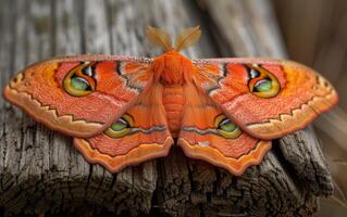 ai généré un séduisant papillon de nuit dans rouille rouge, avec ses ailes embelli avec important œil motifs photo