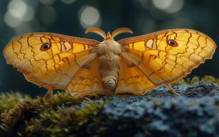 ai généré un en haut proche photographier de une papillon de nuit dans or avec élaborer aile marquages photo