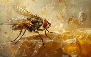 ai généré mouche domestique un haut pétrifié ambre photo